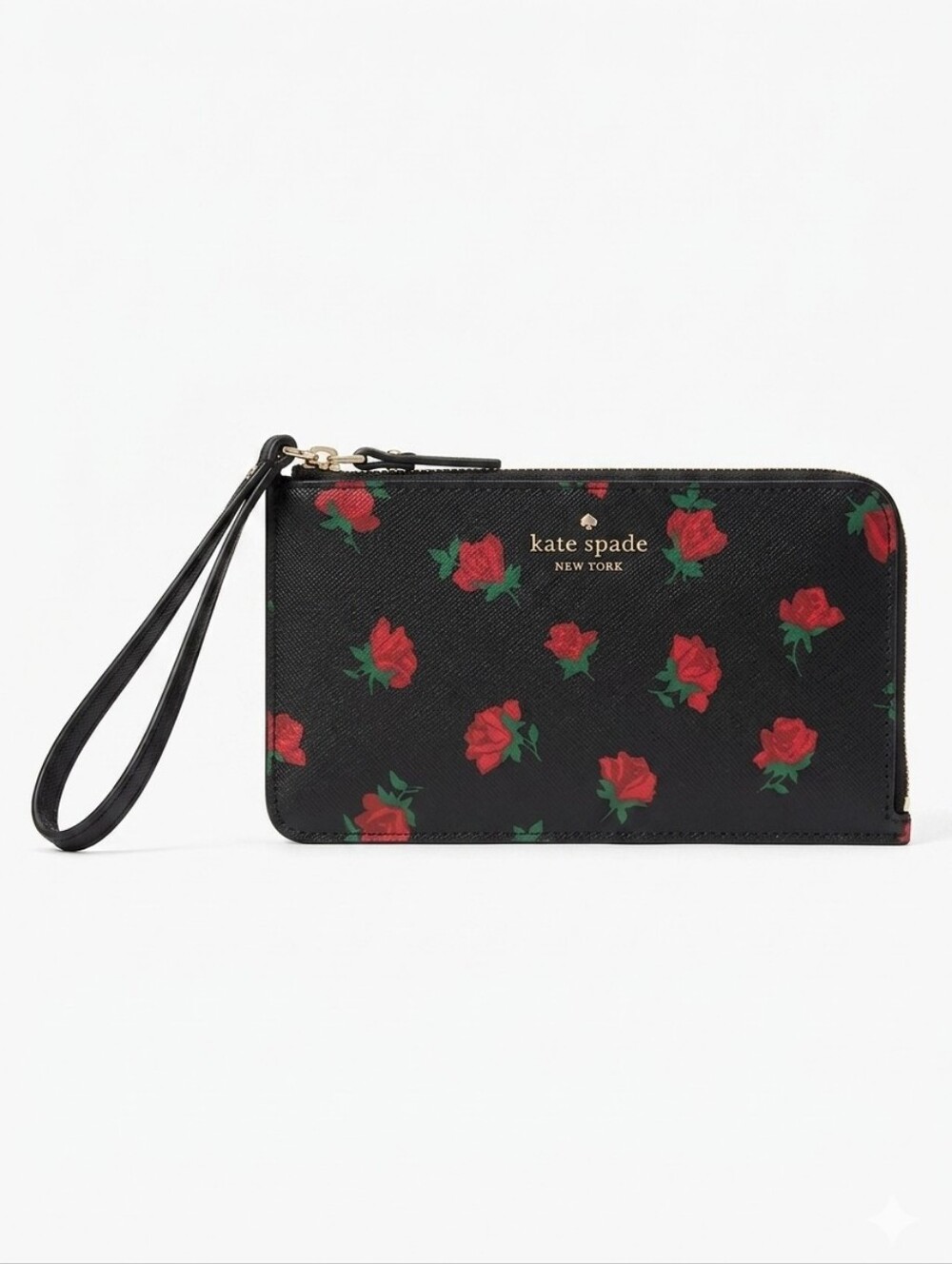 kate spade Lucy Medium L Zip Wristlet Black With Rose Floral Pattern~Like New